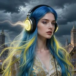 close up portrait, blue and yellow long haired elegant model, female, wearing headphones, by greg rutkowski, in a cabin, storm clouds, fantasy city, glowing headphones, surreal light flowing in the air, ornate design, annie liebovitz, sound waves, powerful zen composition, alphonse mucha, elegant cloth c