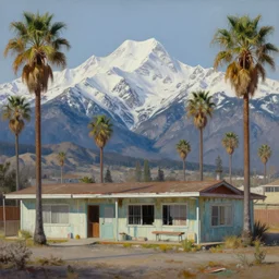natural american landscape | abandoned motel | palm trees | snowy mountains, painting by syd mead and weta studio and moebius and james jean and frank frazetta, highly detailed, rule of third, soft lighting, 8 k resolution, oil on canvas, architectural magazine, beautiful detailed, insanely intricate details, artstation trending, hypermaximalistic, high details, cinematic