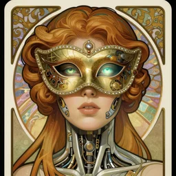 A close-up portrait of a beautiful female cyborg wearing an intricate venetian mask by Alphonse Mucha, exposed mechanism inside, brightly glowing eyes, art nouveau card, wlop, trending on artstation