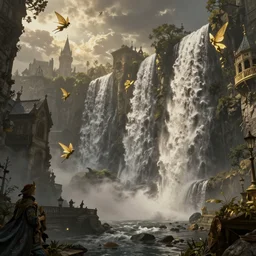 screenshot from history ,  hd , steamy victorian city , fairies flying arround , watterfalls , grey golden details , fantasy  - n 5