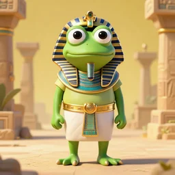 humanlike 3 d pepe the frog as an ancient egyptian pharaoh, centered, wide shot, masterpiece, trending at artstation, award winning, hilarious