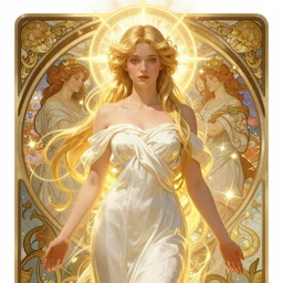 digital character concept art by artgerm and greg rutkowski and alphonse mucha. clear portrait of a modern young wife blessed by god to uncontrollably become overwhelmingly perfect!! blonde, clothed! obviously feminine holy body!! light effect. hyper detailed, glowing lights!! intricate, elegant, digital painting, artstation, smooth, sharp focus