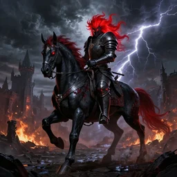 a menacing warrior in full plate of black armor, splattered with blood, riding a large black nightmare, with red glowing eyes and glowing red mane and tail, blackened clouds cover sky, crackling with lightning, a castle in distance in flames and ruins, the ground is dark and wet and cracked, d & d, fantasy, highly detailed, digital art, illustration, artstation, very detailed