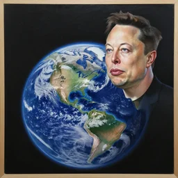 an oil painting of hyper realistic landscape of the earth in 1 b years, with big elon musk head statue