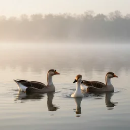 geese swimming in a calm lake at sunrise matte painting, foggy, 4 k, trending on artstation