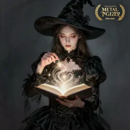 character concept portrait of an attractive young focused Spanish witch with pale skin in a black dress and hat enchanting a glowing seduction spell, a floating glowing spell book in the center, intricate, elegant, digital painting, concept art, smooth, sharp focus, illustration, from Metal Gear, by Ruan Jia and Mandy Jurgens and William-Adolphe Bouguereau, Artgerm