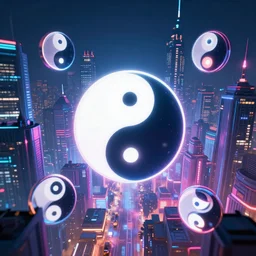 futuristic city with dao yin - yang symbols floating around many neon lights, digital art