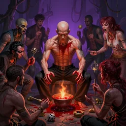 matte painting wan bald man surrounded by tweakers addicts performing ritual blood magick greg rutkowski artstation vivid color hdr