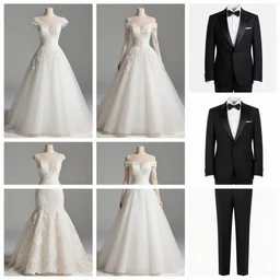 a collage of wedding dresses and tuxedos