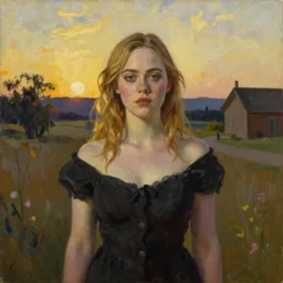 Elle Fanning as an Android, oil on canvas, golden hour, in the world of Andrew Wyeth, artstation, by J. C. Leyendecker and Peter Paul Rubens,
