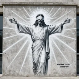 graffiti mural of blindfolded Jesus, arms outstretched, rays of light from his fingers, painted on a concrete wall by Minerva Teichert, Portra 400