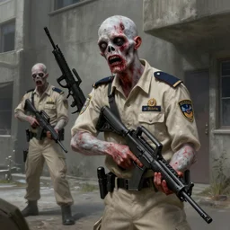 pale bleeding zombie security officers in beige uniform in burtalist concrete building by greg rutkowski trending on artstation digital painting highly detailed 4 k 8 k hd holding bullpup