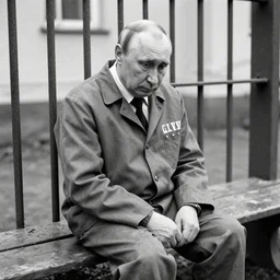 a very sad fate of vladimir putin at his old age in prison clothes sitting on prison bench. detailed professional 3 5 mm black and white photo by don mccullin world press photo award