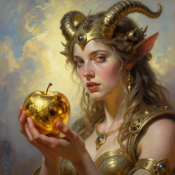 trojan horse, closeup portrait of eris discordia, holding an reflective gold!!! metal apple, goddess of chaos, fantasy character portrait, ultra realistic, wide angle, intricate details, artifacts, luminous skies, michael cheval, peter mohrbacher, boris vallejo, jessica rossier, oil painting, highly detailed, cinematic lighting, unreal
