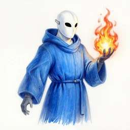 a color pencil sketch of a plague doctor with a white plague mask and a blue wizard robe holding his right hand casting a orange firey spell, as a d & d character, blue robe, magical, blue and orange highlights, hip hop aesthetic, concept sheet, painting by gaston bussiere, demon slayer, akiri toriyama, dramatic lighting, professional digital art, anime