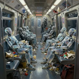 cyberpunk detail painting of subway car full of garbage with sleeping translucent humanoid robots, deep displacement, back light, reflections, raytracing, raymarching, subsurface scattering, digital art, painted by anna nikonova