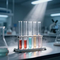 science tubes on a table in a futuristic science lab, professional closeup photo, dramatic lighting, rays of lights, foggy