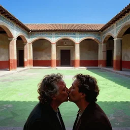 photography by saul leiter and ernst haas in an empty decorated pompeii court, airforce blue, red, bright pale green, no people, a kiss in the foreground