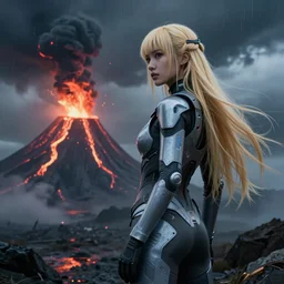 volcano eruption post apocalyptic scene with a long haired blonde cyber girl futuristic bladerunner stormy weather in the style of reuben wu
