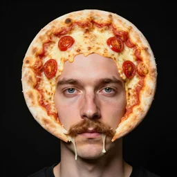 portrait of man with a rare medical condition making the head round like a pizza, head looks exactly like a pizza, doughy skin, mustache looks like strands of melted cheese, blemishes look like tomatoes, soft lighting, sharp focus, highly symmetrical, black background, masterpiece by morten krogvold