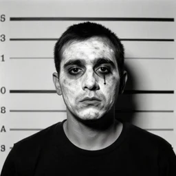 french mime mugshot, wanted for invisible crime, mugshot, grimy, gangster, black and white, 1970 frontal, grainy.