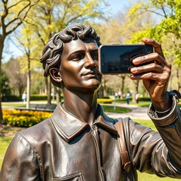 photo still of a bronze statue of a person using an iphone to take a selfie, park on a bright sunny day, 8 k 8 5 mm f 1 6 1 0 0 1