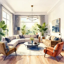 a hiper intricate watercolor of a beatiful modern indoor living room, extremely detailed, sharp focus, wide view, detailed rought paper, digital illustration, colorfull, by william turner art, by greg rutowski, by carl larson