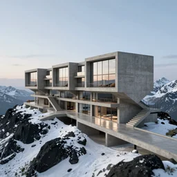 futuristic concrete hotel, the hotel is on top of a black snowy mountain, the concrete structure has walkways, skybridges, stairways, polished concrete floors, depth of field, sharp focus, clear focus, beautiful, award winning architecture, hopeful, quiet, calm, serene, extremely beautiful lighting, cinematic composition by dennis villeneuve, christopher nolan, frank lloyd wright, modern, render, architectural, architecture, realistic, clear