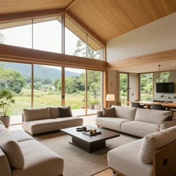 innovative interior design of a modern livining room in rural japan, neutral wooden materials, floor - to - ceiling windows with views of nature