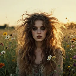 a beautiful but creepy young woman with wild, untamed hair surrounded by wildflowers in the 1 9 7 0 s, she is undead, seventies, golden hour, painterly, offset printing technique, by alexandre cabanel, if you see her you die in seven days