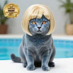 professional photo of a blue cat wearing a blonde wig 1!!!, short hair wig, super saiyan hair cut!!, 4 legs, studio lighting, very detailed, unreal engine, canon photo!!!!, professional lighting, good composition, rule of thirds, winning award photo, real cat, real, swimming pool