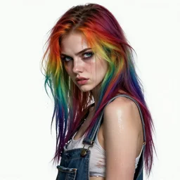 realistic attractive grungy woman with rainbow hair, drunk, angry, soft eyes and narrow chin, dainty figure, long hair straight down, torn overalls, basic white background, side boob, wet shirt, wet, raining, highly detailed face, realistic face, beautiful detailed eyes, fantasy art, in the style of greg rutkowski, illustration, epic, fantasy, intricate, hyper detailed, artstation, concept art, smooth, sharp focus, ray tracing, vibrant,