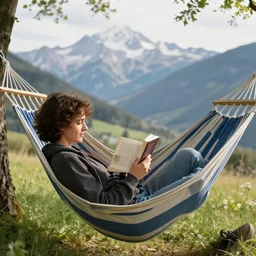 my italian wise friend on a hammock, reading the book about love, mountains in a background