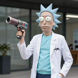 christopher lloyd cosplaying as rick sanchez from rick & morty posing with his portal gun, octane render photorealism, detail, 4 k pores, realistic white labcoat cartoon eyes