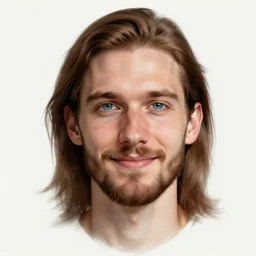 sketch of a caucasian face, medium long brown hair, bad skin, short beard, skinny, blue eyes, smiling, ultrarealistic