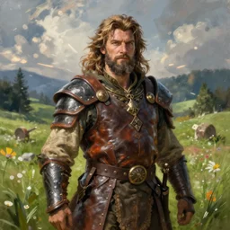 A fantasy portrait painting of a male hobbit wearing leather armor on a beautiful meadow, DAZ, hyperrealistic, ambient light, dynamic light, trending on artstation, d&d, RPG portrait