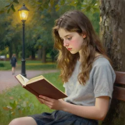 hyperrealistic oil painting of a girl reading a book in park, street lighting, extremely fine details, realistic shaded lighting, artgerm, 8 k ultra realistic, highly detailed, art by christopher balaskas, alphonse mucha, craig mullins, alena aenami, laura sava