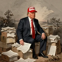 trump in a maga hat, sitting on a pile of document boxes of top secret!!! material, hand drawn political cartoon in us newspaper william hone and george cruickshank