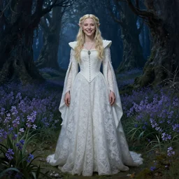 a full length portrait of mischievous, dangerous young, smiling Galadriel! (young Cate Blanchett) as a queen of elves, dressed in a medieval lacy, white dress. The background is a dark, creepy eastern europen forrest with a field of violets. paster colours, dominant wihte and blue colours, magical, Pre-Raphaelite oil painting, inspired by Henry Meynell Rheam: The Fairy Wood and Cesare Saccaggi - Incipit Vita Nova
