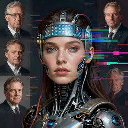 woman cyborg, led display on forehead, wires, glitched, pixel sorting, mimmo rotella, alan bean, john chamberlain, peter kemp