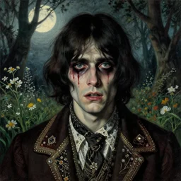 a beautiful but sinister and creepy man in layers of fear, with haunted eyes, violence in his eyes, 1 9 7 0 s, seventies, delicate embellishments, a little blood, woodland, moonlight shining on wildflowers, painterly, offset printing technique, by alexandre cabanel