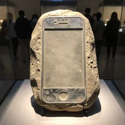 fossil of a stone iphone from the year 1 5 0 0 bc placed in a natural history museum, dusty, direct sunlight, detailed, placed in a museum, 4 k, real, archeological find, shot from afar, people looking at the exhibit through glass