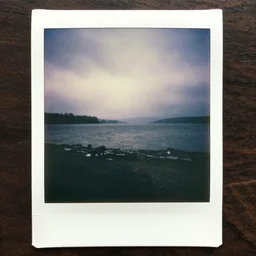 an aged polaroid photo of the loch ness monster, gloomy, grainy, rainy