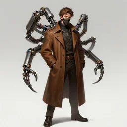 a highly detailed illustration of wavy brown haired young white guy wearing brown coat and face mask with many mechanical tentacle arms on his back, dramatic hands in pocket standing pose, intricate, elegant, highly detailed, centered, digital painting, artstation, concept art, smooth, sharp focus, league of legends concept art, WLOP