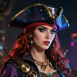 a head and shoulders portrait of a space pirate, neon, retro, steampunk, smooth, sharp focus, intricate, artstation, detailed concept art by Greg Rutkowski and Norman Rockwell and Sky Sewa