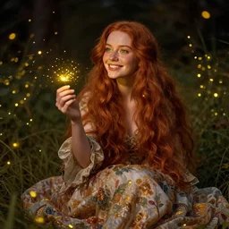 a happy young woman, admiring the lights of golden fireflies, sitting in the midst of nature fully covered with a wonderful dress, long loose red hair, bright green eyes, small nose with freckles, triangle shape face, smiling, romantic scene, golden ratio, high contrast, high detailed digital art by artemisia lomi gentileschi and caravaggio and artgerm.
