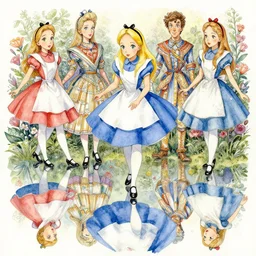 a beautiful insanely intricate watercolor painting of alice in wonderland, reflexions, colorfull, by william turner art, by greg rutkowski, by james jean, by rossdraws, by frank franzzeta, by sakimichan, trending on artstation, insanely detailed illustration, thin contur lines, masterpiece,