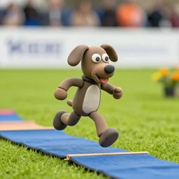 gromit made of clay, running the agility course at the westminster kennel club dog show