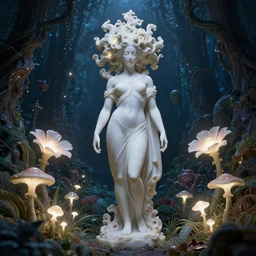 a fully dressed idealistic marble statue with fractal flowery hair in a fractal garden, glowing delicate flower and mushrooms that grow in a dark fatansy forest on the planet pandora,, symmetrical,