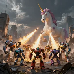 squad of giant rainbow robots shoot missiles to giant unicorn demon, ruined city environment, render, ray tracing, jakub rozalski art style, dramatic, artstation,
